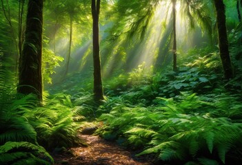 captivating scene vibrant greenery adorned glimmering water droplets reflecting bright morning light, plants, foliage, leaves, grass, garden, flora, trees