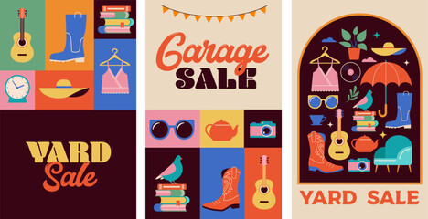 Garage Sale, Yard sale posters, flyers, post templates. Retro style flea market, second hand and garage sale concept design