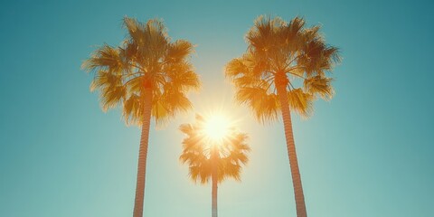 Obraz premium Palm trees against a sunlit sky with a vignette effect, warm tropical atmosphere, natural light,