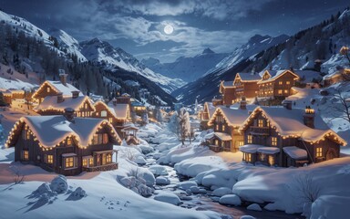 Fototapeta premium A hyperrealistic photo of a picturesque winter village nestled in a snow-covered valley under a full moon and starry sky.