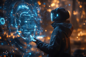 Young Woman Analyzing Data on Futuristic Interface