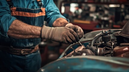 Obraz premium The hands of a mechanic repairing a classic car in a vintage workshop, Illustrating craftsmanship amidst automotive restoration, photography style