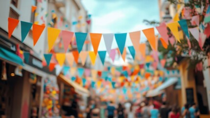 Obraz premium Colorful street decorations with streamers and flags, a blurred crowd in the background,