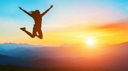 Silhouette of a person leaping joyfully at sunset, warm hues of blue and orange in the background, freedom and vitality theme,