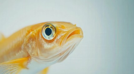 golden fish in close-up against a plain white background, autumn essence in minimalism,