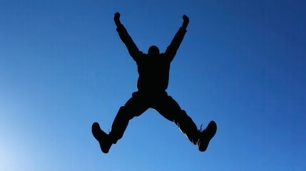 Silhouette of a person jumping against a sky, freedom and joy symbol,