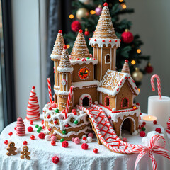 Obraz premium A magical gingerbread house surrounded by festive decorations and sweets, photography of food art concept.