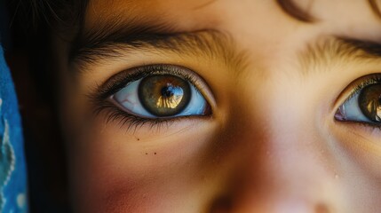 Fototapeta premium The hopeful eyes of a refugee child in a resettlement camp, Symbolizing resilience amidst displacement, photography style