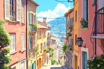 Naklejka premium Mons, Var, Provence, France: watercolor depiction of the old town.