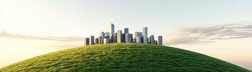 Obraz premium A vibrant city skyline rises atop a lush green hill under a clear sky, blending urban and natural elements in a breathtaking view.