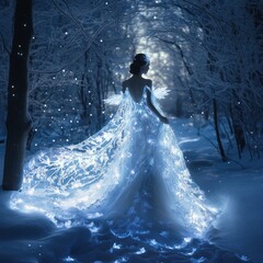 Fototapeta premium A woman in a glowing gown walks through a snowy forest, creating a magical atmosphere.