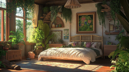 Bedroom with nature-inspired artwork, woven decor, and greenery in every corner - Calm and organic, gentle lighting