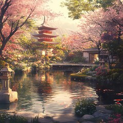Fototapeta premium Shunbun no Hi Japan of a tranquil Japanese garden with blooming cherry blossoms, koi ponds, and a pagoda under the spring sun