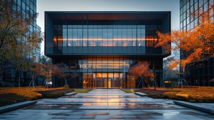 Obraz premium Modern glass office building with autumn foliage.