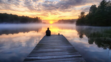 Naklejka premium A person sitting on a wooden dock, overlooking a misty lake during sunrise. The serene atmosphere is accentuated by the calm waters and the mist that surrounds the area.