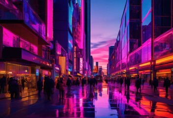 Obraz premium vibrant cityscapes dusk featuring dynamic colorful lively urban environments, aerial, contrast, daylight, electric, illumination, landscape, lights, modern