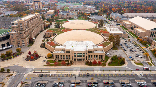 Notre Dame, IN, USA - October 25, 2024: An aerial view of the Purcell Pavilion at the Joyce Center is home to the University of Notre Dame Fighting Irish basketball and volleyball teams.