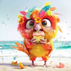 Fototapeta premium A playful parrot enjoying a colorful treat on a sunny beach day by the ocean waves