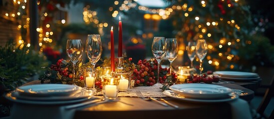 Obraz premium festive table setting on a cozy garden terrace