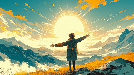 Fototapeta premium Person embracing nature on a mountain during a vibrant sunrise