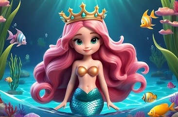 Fototapeta premium cute Mermaid with crown vector-style 3d cartoon illustration isolated on white background 