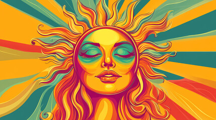 Vibrant sun with beams in a groovy style, perfect for a summer theme. a vector illustration with a psychedelic twist. Psychedelic. Illustration