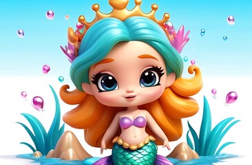 Naklejka premium cute Mermaid with crown vector-style 3d cartoon illustration isolated on white background 