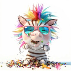 Naklejka premium A cheerful zebra enjoys colorful candy while sporting stylish sunglasses in a vibrant setting