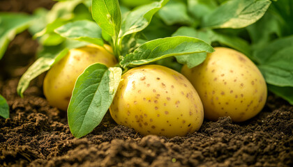 Freshly harvested potatoes in soil with green leaves on a sunny day
