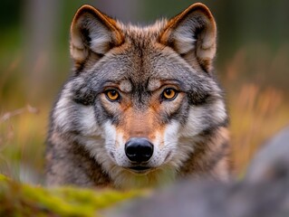 Fototapeta premium A close up of a wolf's face in the woods