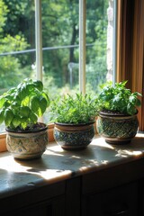 Fototapeta premium Three potted herbs on sunny windowsill.