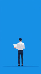 Obraz premium Business professional with laptop against blue background in office setting