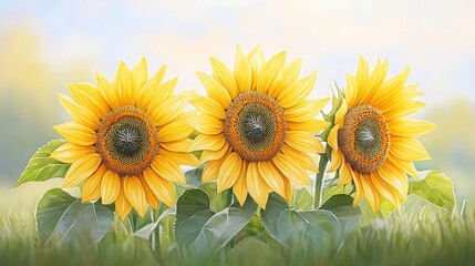 Obraz premium Vibrant Sunflowers in Watercolor Neo Impressionist Style with Textured Brushstrokes and Verdant Foliage