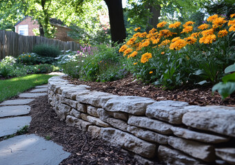 A brick wall with a stone border and a path leading up to it. The path is lined with orange flowers