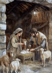 Fototapeta premium Holy family adoring newborn jesus in manger with lambs and oxen