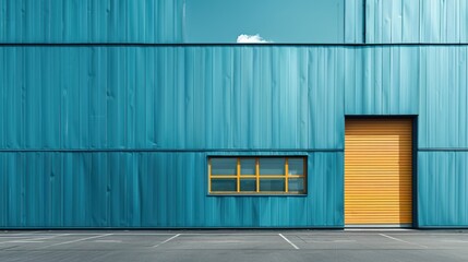 Fototapeta premium Teal industrial building exterior with yellow roll-up door and small window.