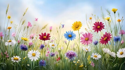 Obraz premium Vibrant Wildflower Field Stretching to the Horizon under Warm Sunlight