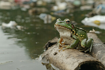 Obraz premium A frog sitting on a log in a polluted swamp, with garbage floating in the water