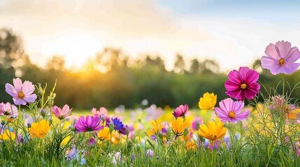 Vibrant Wildflower Field Bathed in Golden Sunlight Stretching to the Horizon