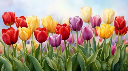 Vibrant Tulip Field Blooming in Springtime with Lush Colors and Soft Watercolor Tones