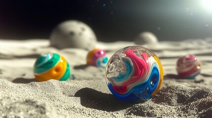 A group of colorful marbles sitting on top of a sandy beach