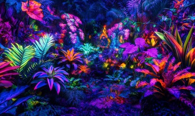 Vibrant, neon-lit tropical rainforest scene.