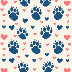 Fototapeta premium A pattern of paw prints and hearts on a white background. The paw prints are blue and the hearts are pink and red. The image has a playful and whimsical mood