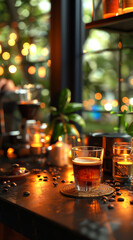 Obraz premium A glass of beer sits on a coaster on a table. The table is surrounded by various items, including a coffee maker, a cup, and a bottle.