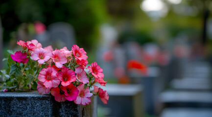 Pink and Red Funeral Flowers on a Grave in a Cemetery, AI GENERATIVE