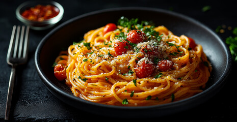 Fototapeta premium A plate of spaghetti with cheese and tomatoes. The plate is black and the food is orange. The fork is on the left side of the plate