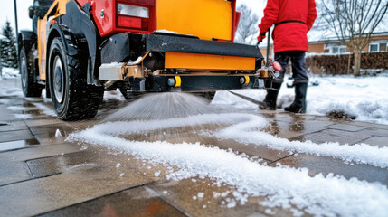 Worker spreading salt on icy sidewalk to prevent winter slipping hazards