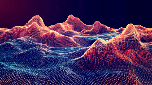 Abstract digital landscape with vibrant colorful wireframe mountain peaks