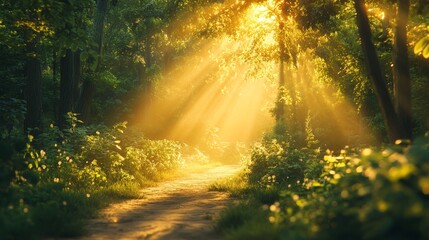 Obraz premium Sunlit Path Through A Lush Green Forest