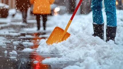 Person in winter boots clearing snow with an orange shovel from a city street during a snowfall, with a blurry figure in a yellow coat walking in the background